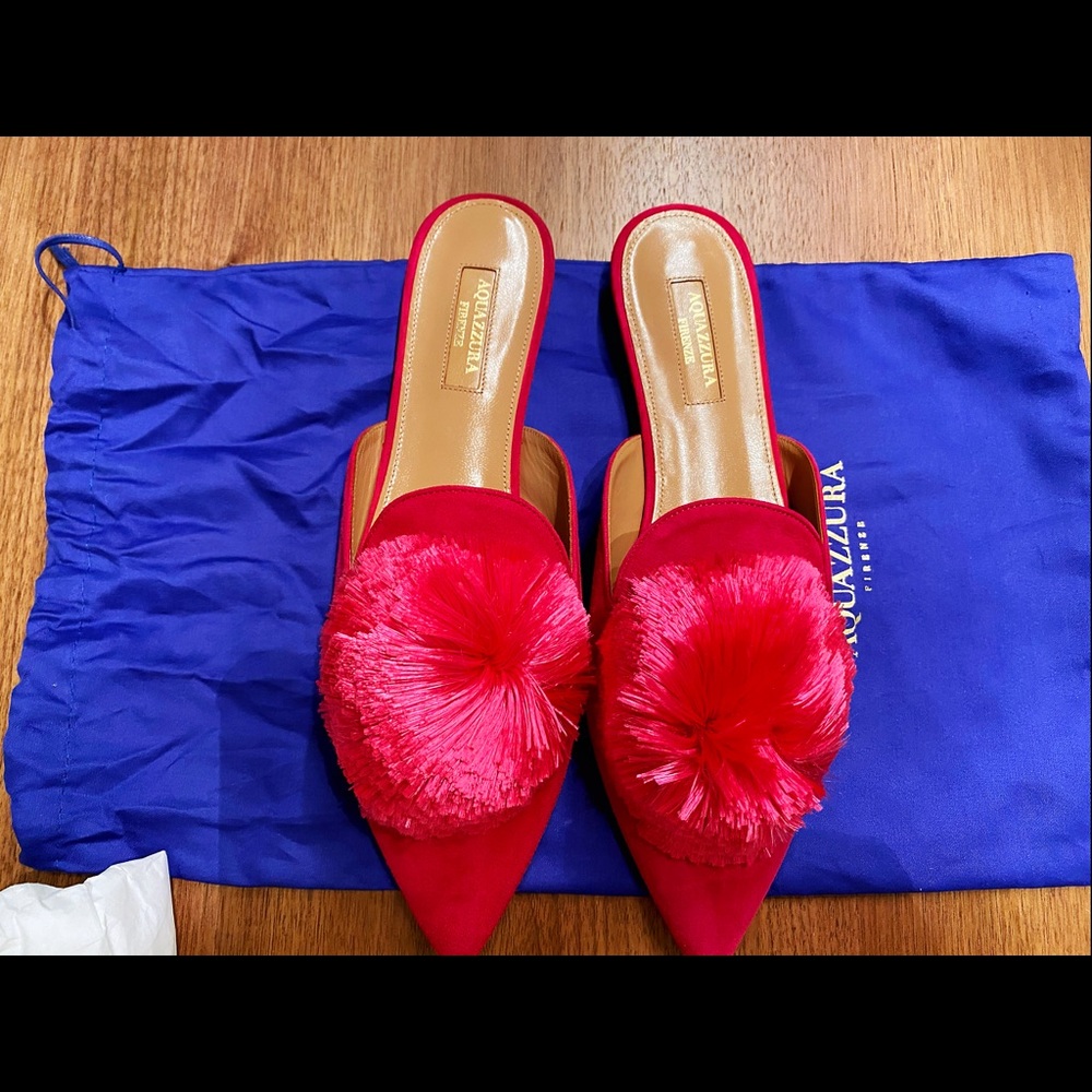 Aquazzura Powder Puff Pompom Mule Flat
